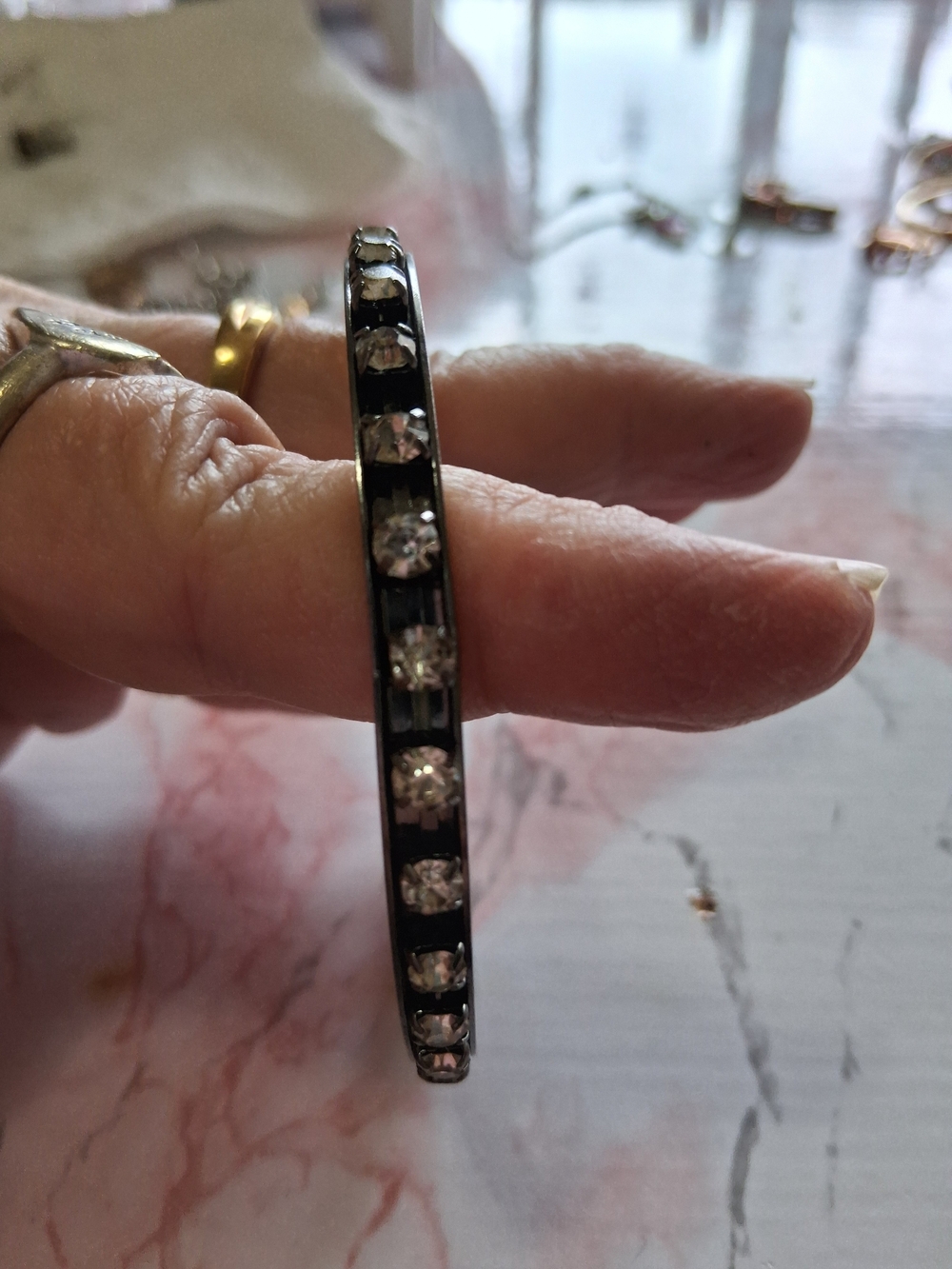 Source Unknown Black Bangle Bracelet with Clear Crystal Accents